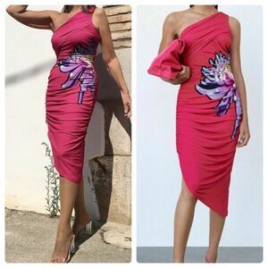 ZARA DRAPED DRESS LIMITED COLLECTION WITH SIDE FLORAL PRINT NEW